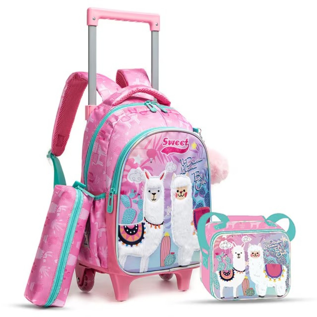 Eazy Kids 16&quot; Set of 3 Trolley School Bag with Lunch Bag and Pencil Case Lama - Pink