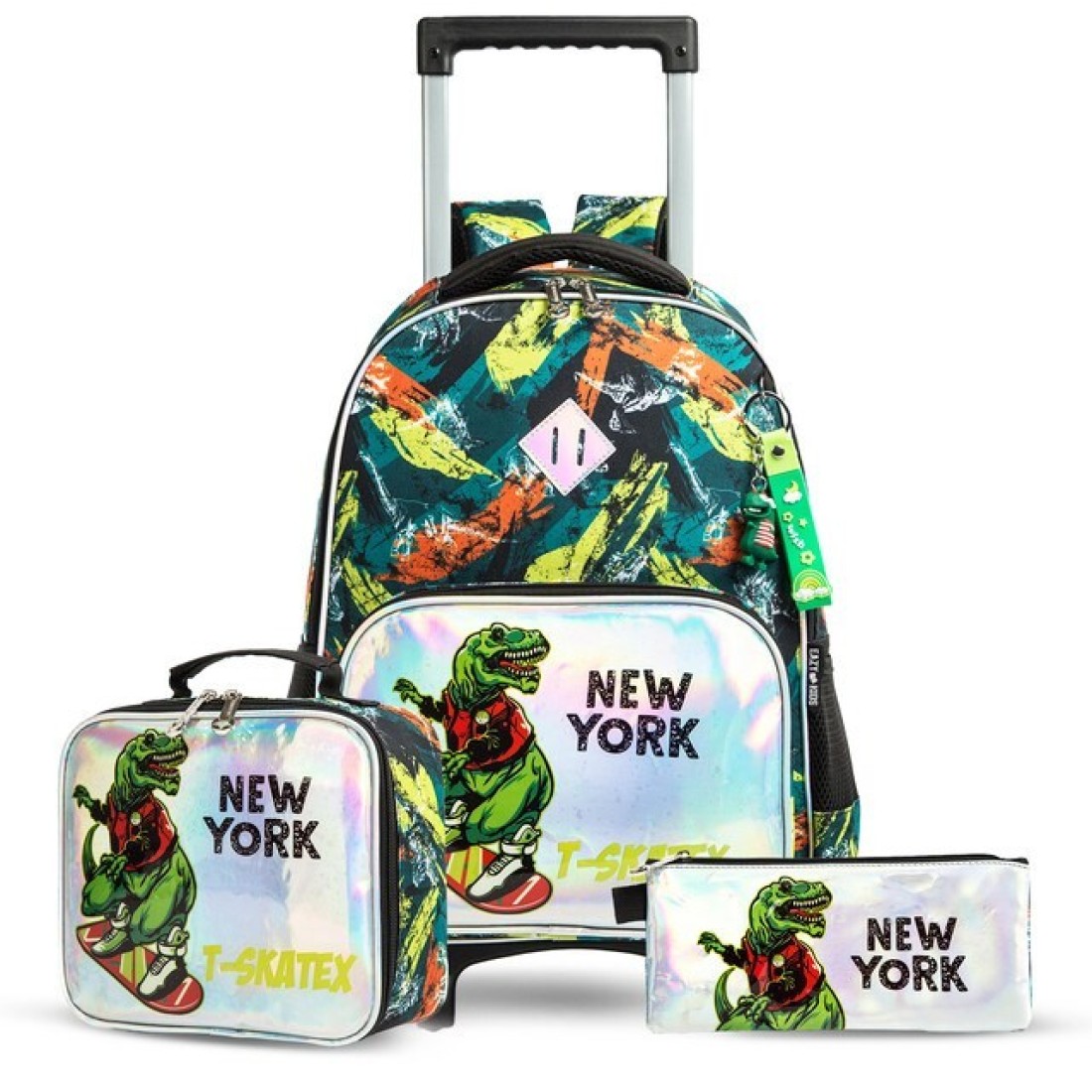 Eazy Kids - 16&quot; Set of 3 Trolley School Bag Lunch Bag &amp; Pencil Case New York Dinosaur - Green