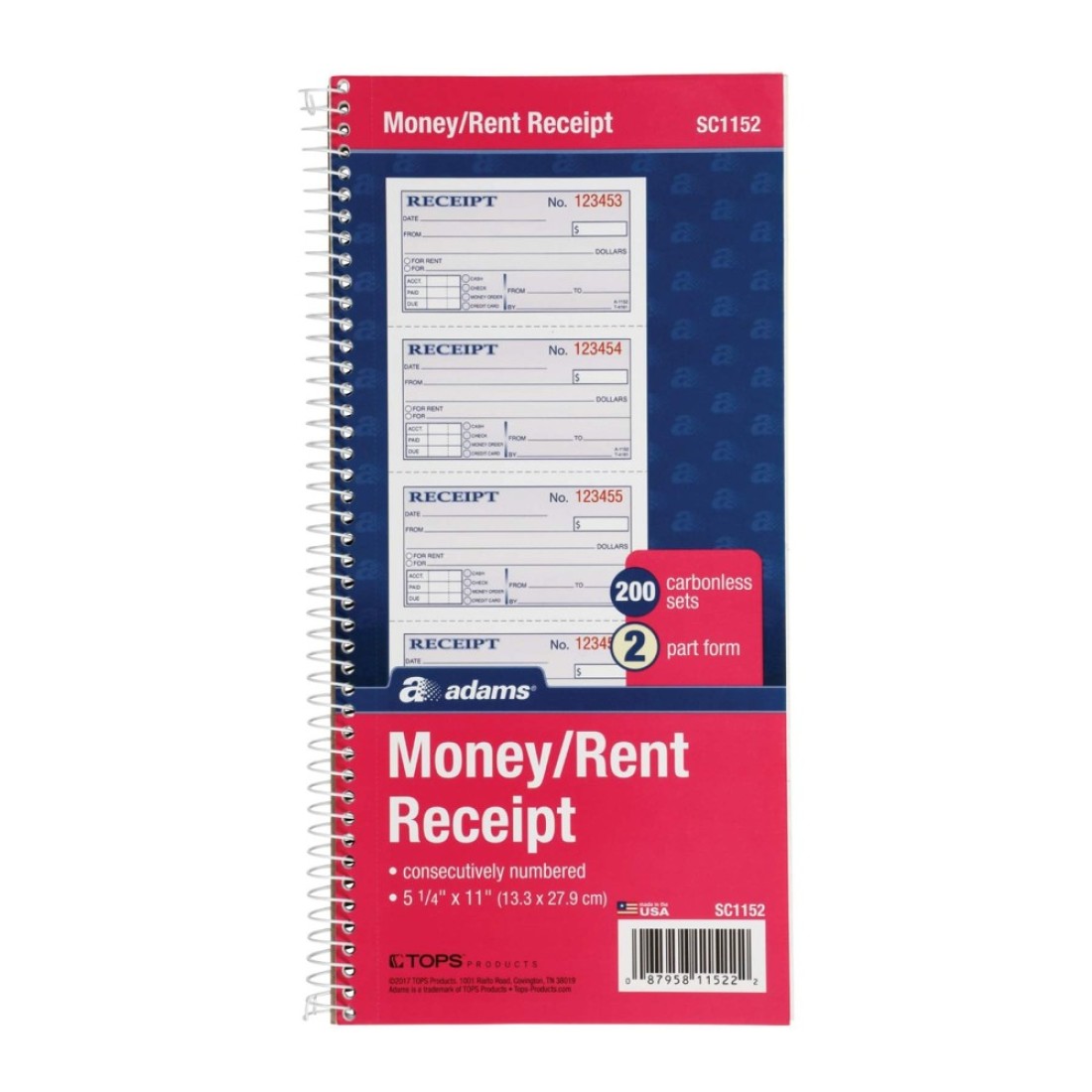 Adams Money and Rent Receipt Book 2Part Carbonless 514 x 11 Spiral Bound 200 Sets per Book 4 Receipts per Page SC1152
