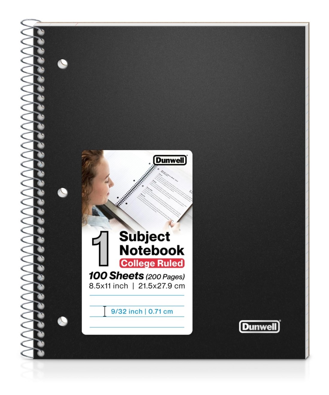Dunwell College Ruled Spiral Notebook (Black), 1 Subject Notebook 8.5 x 11 for School, Plastic Cover, Pocket Divider, 100 Sheets (200 Pages), 3-Hole Punched Perforated 8 1/2 x 11 Paper
