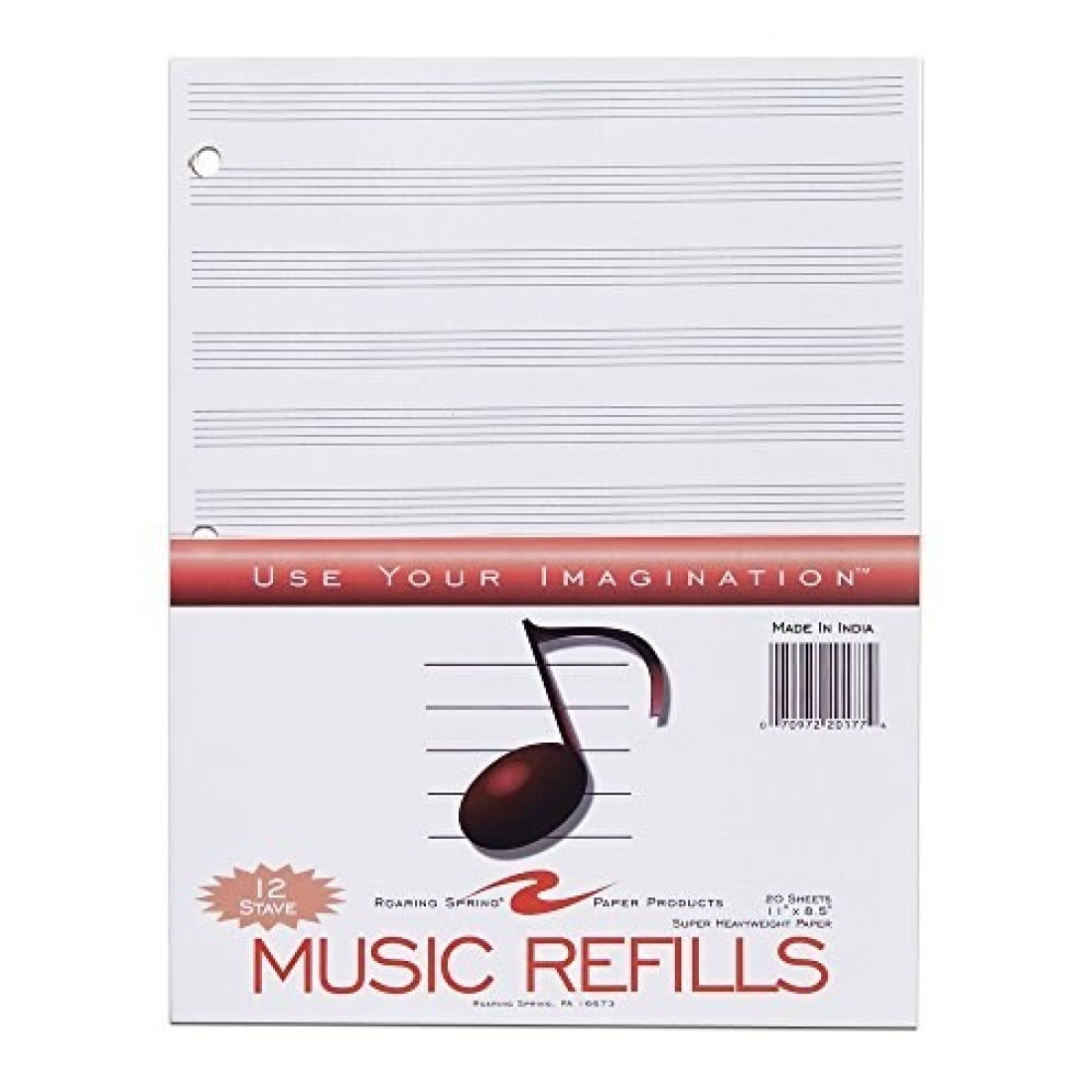 Roaring Spring Loose Leaf Music Filler Paper 20 Sheets 85x11 with 12 Staves of Music Lines Heavyweight 24 Smooth White Paper 3 Hole Punched Pack of 1