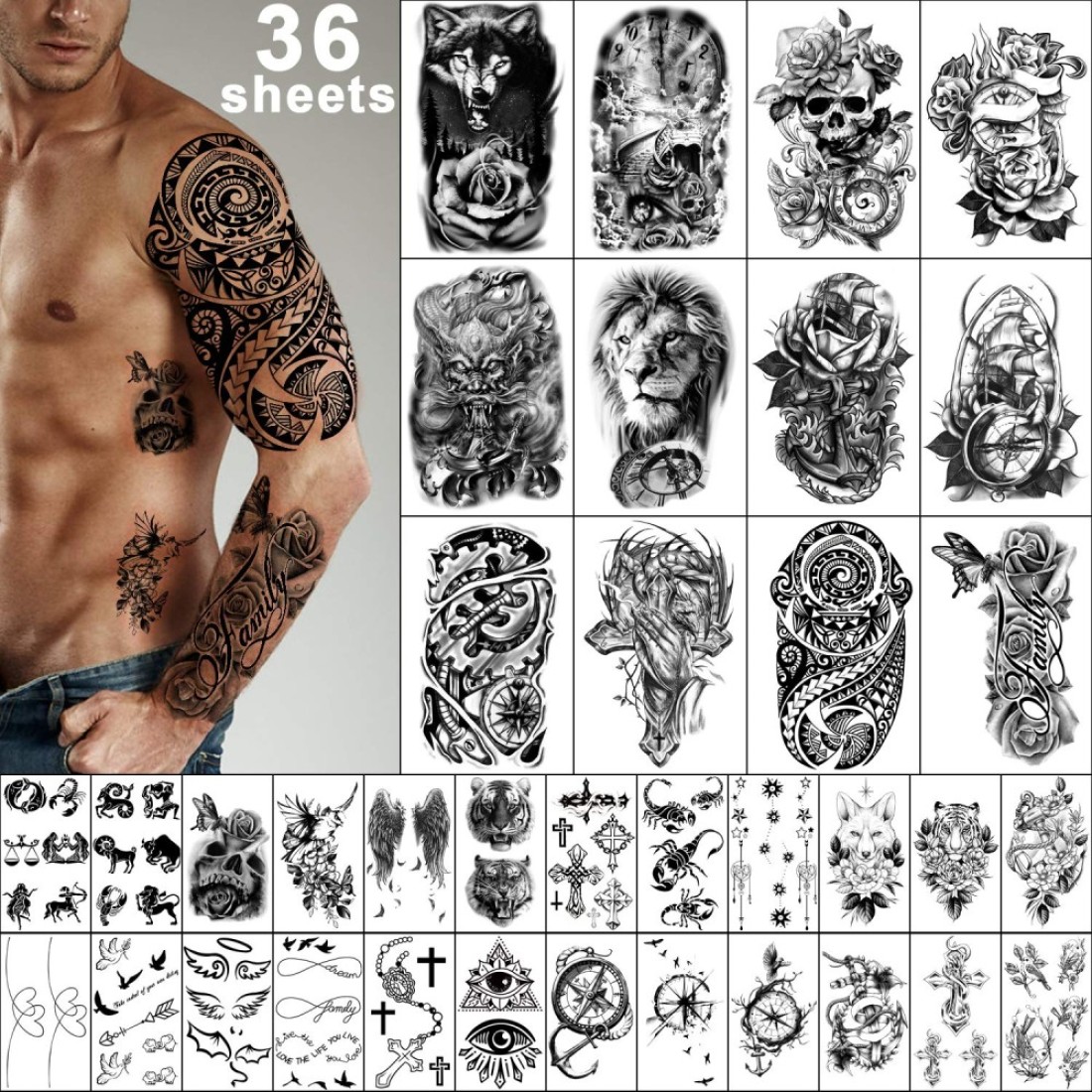 Yazhiji 36 Sheets Temporary Tattoos Stickers 12 Sheets Fake Body Arm Chest Shoulder Tattoos for Men or Women with 24 Sheets Tiny Black