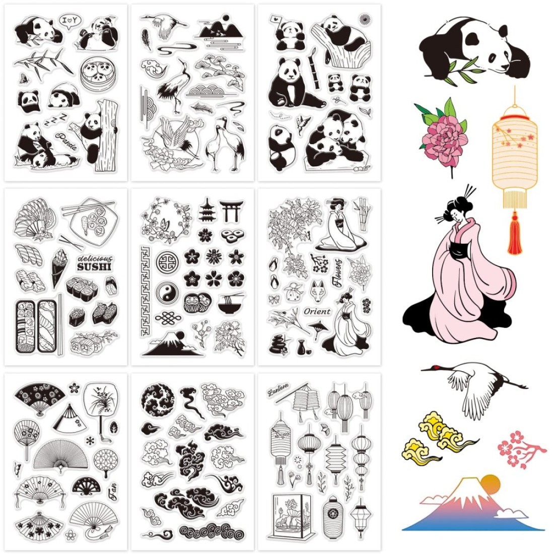 GLOBLELAND 9 Sheets Oriental Style Silicone Clear Stamps Seal for Card Making Decoration and DIY Scrapbooking(The Panda, Red-Crowned Cranes, Sushi, Geisha, The Fan, Cloud, The Lantern)
