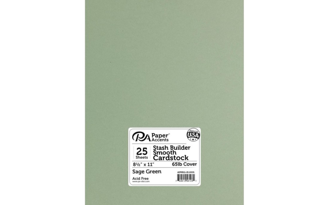 PA Paper Accents Stash Builder Cardstock Pack 8.5&quot; x 11&quot; Sage Green, 65lb Colored cardstock Paper for Card Making, Scrapbooking, Printing, Quilling and Crafts, 25 Pieces