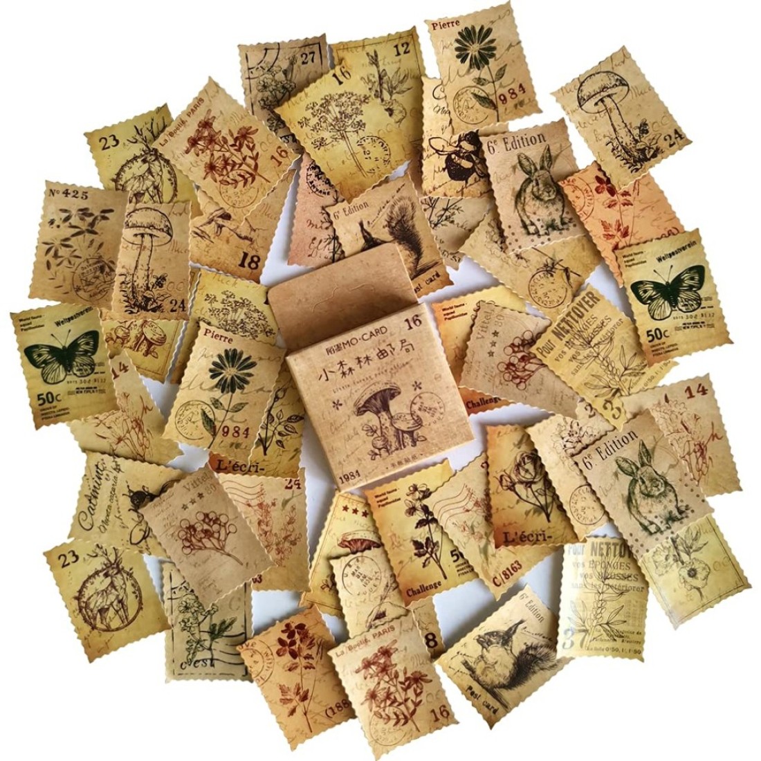 Vintage Scrapbooking DIY Sticker Set Plant Flower Animal Mushroom Postmark Retro Stamp Stickers for Journaling Art Craft Scrapbook Planner Diary Calendar Card Tag Cup Retro Theme Project Deocr