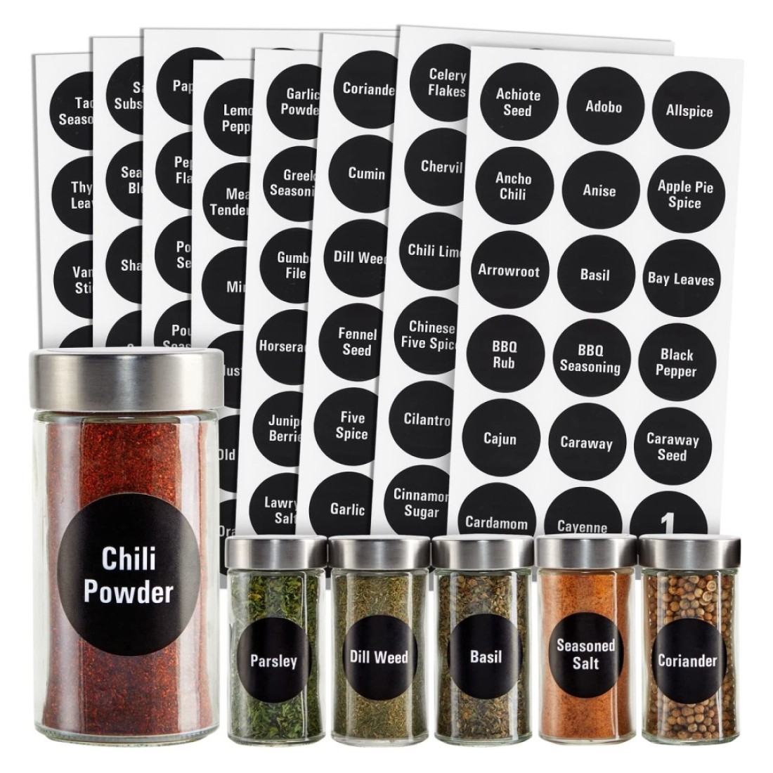 Talented Kitchen 144 Spice Jar Labels Round 15 Inch Preprinted Chalkboard Stickers for Spice Containers Water Resistant