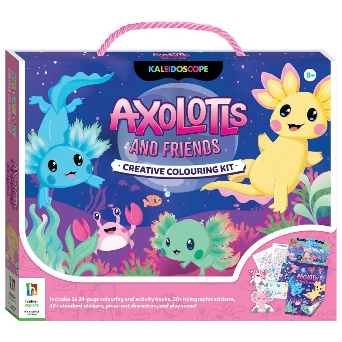 Hinkler Axolotls &amp; Friends Creative Colouring Kit includes 2x24-page Colouring Book, 30+ Holographic Stickers, 30+ Standard Stickers,
