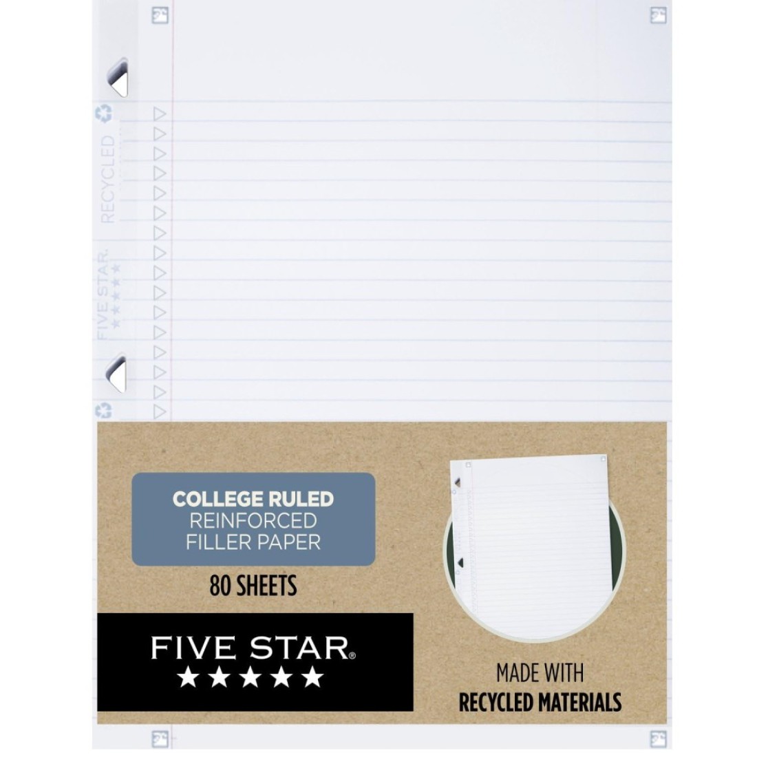 Five Star Loose Leaf Paper Plus Study App 3 Hole Punched Reinforced Filler Paper College Ruled Paper Recycled 812 x 11 80 Sheets 1 Pack 170023