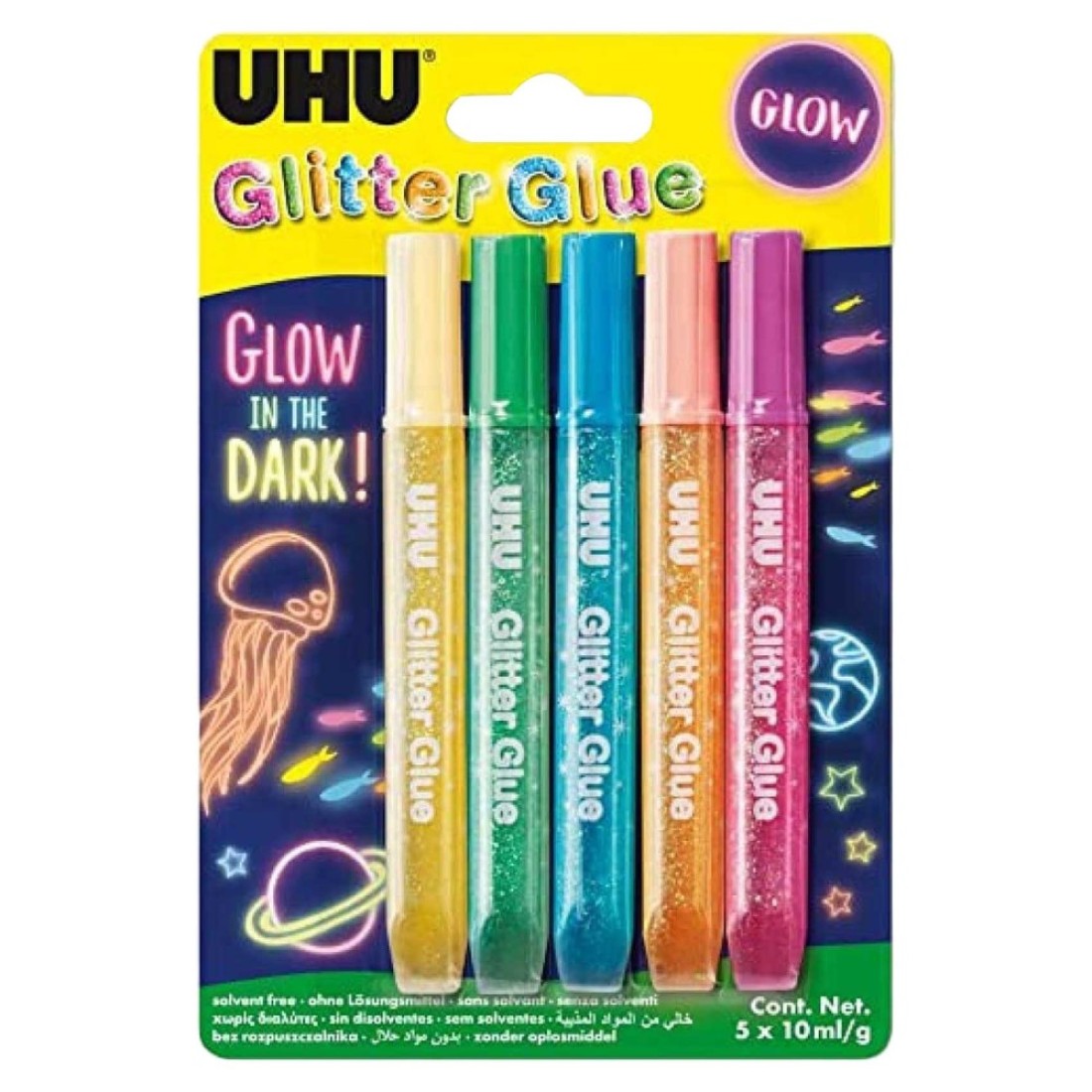 UHU Glow in The Dark Glitter Glue Pen Multicolour 10ml 5 PCS