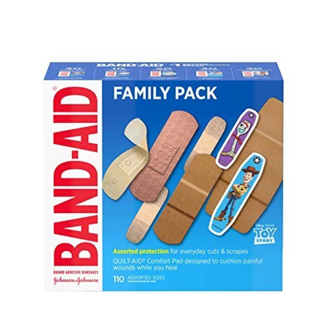 Band-Aid Adhesive Bandage Family Variety Pack in Assorted Sizes Featuring Water Block &amp; Skin Flex, Flexible Fabric, Tough Strips &amp; Pixar Character Bandages, 110 Count