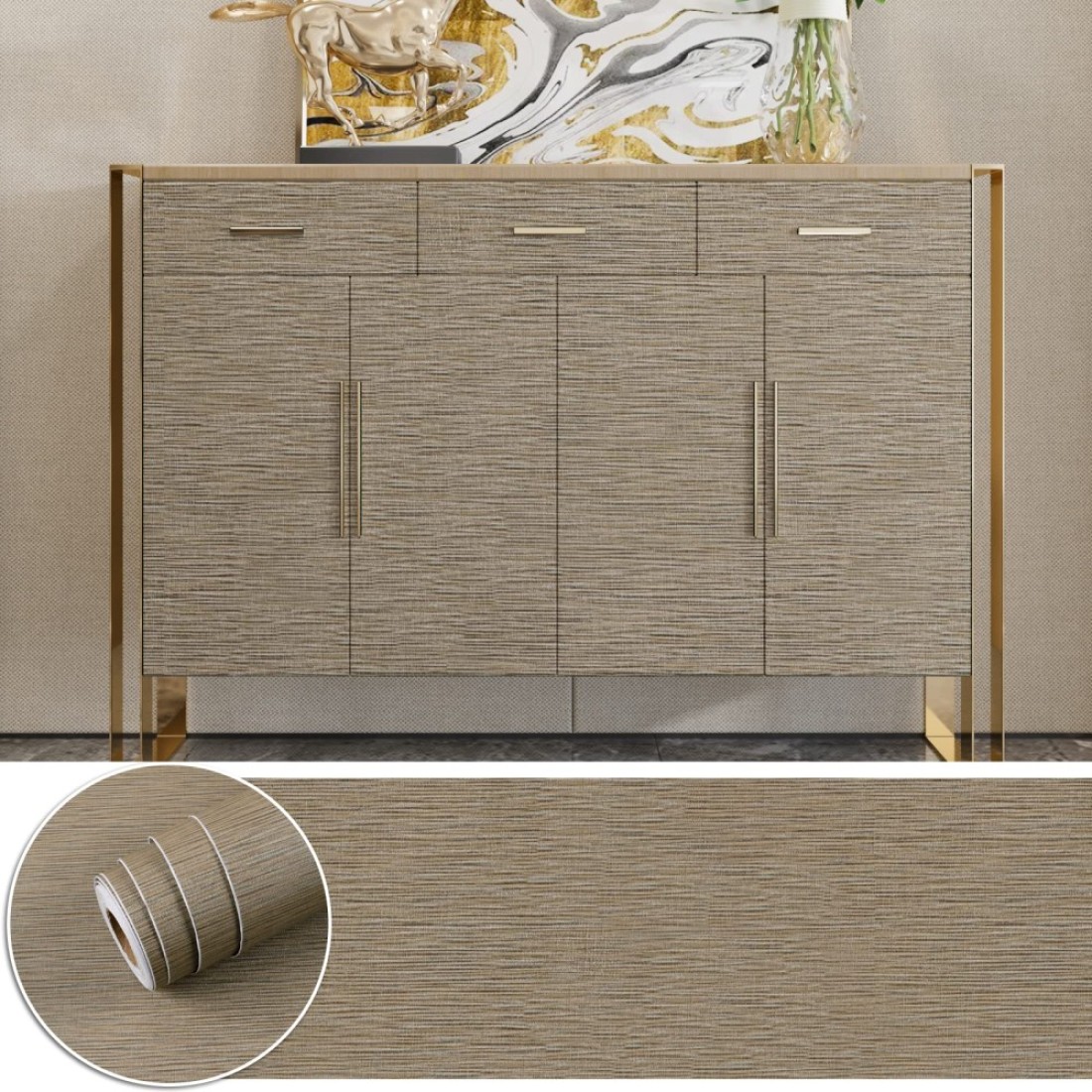 Brown Grasscloth Peel and Stick Wallpaper Faux Linen Removable Wall Sticker Self Adhesive Textured Wall Paper Roll for Bedroom Modern Grass Cloth Fabric Wallpaper for Liners Wall Cabinets 17.7&quot;&Atilde;&mdash;100