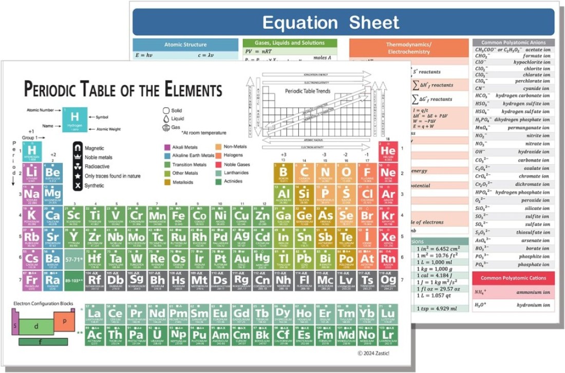 Zastic! Laminated Periodic Table of Elements Chart - 9&quot;x12&quot; Chemistry Reference Poster Chart Cheat Sheet - Study Guide for Highschool, College, SAT/AP