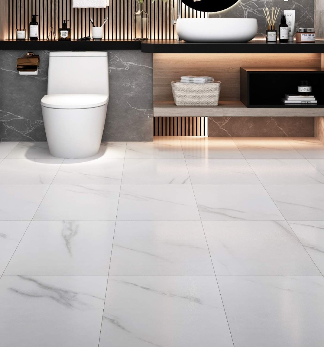 Livelynine Peel and Stick Floor Tile Stickers Waterproof Vinyl Flooring White Marble Vinyl Tiles for Kitchen Bedroom White Laminate Flooring Bathroom Linoleum Flooring Sheet Adhesive 12X12 Inch 4-Pack