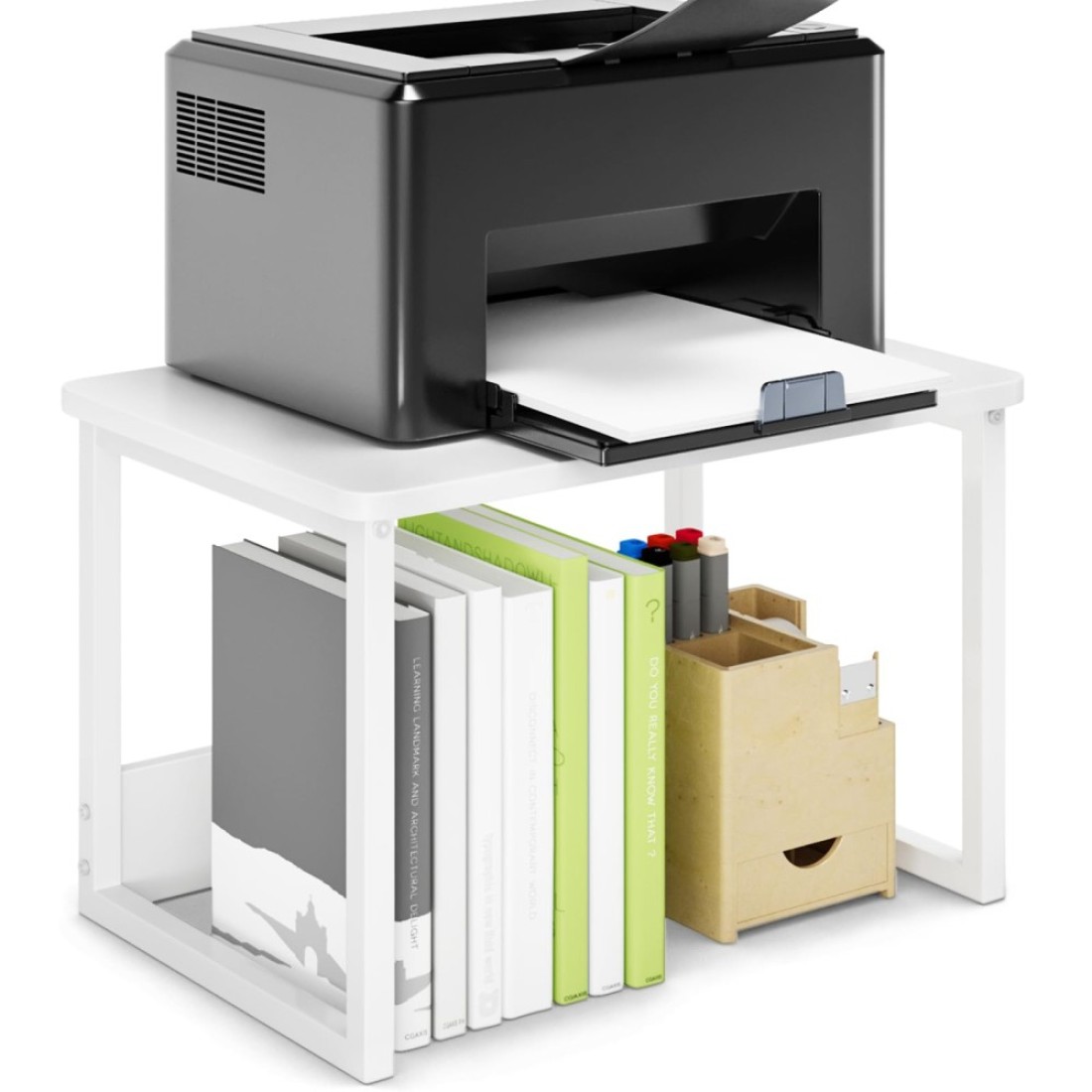 MARTY Printer Stand with Storage for Desk Desktop Printer Stand Shelf Organzier for HomeOffice Heavy Duty Printer Riser Under Desk Small Printer Table for Fax Machine Copier ScannerWhite