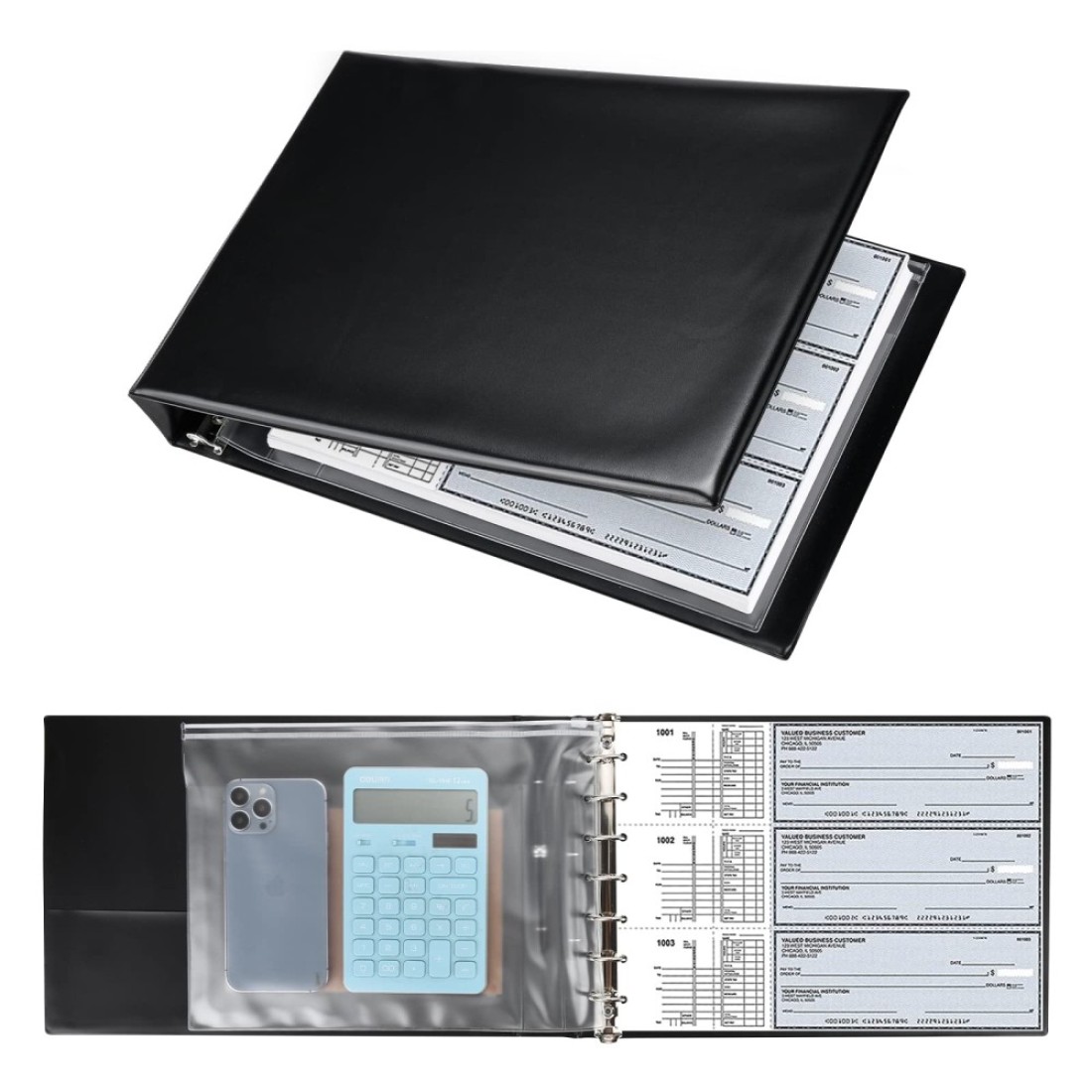 7 Ring Business Check Book Binder, 600 Checks Capacity for 9&quot; x 13&quot; Sheets, PU Leather Checkbook Holder with Zip Pouch