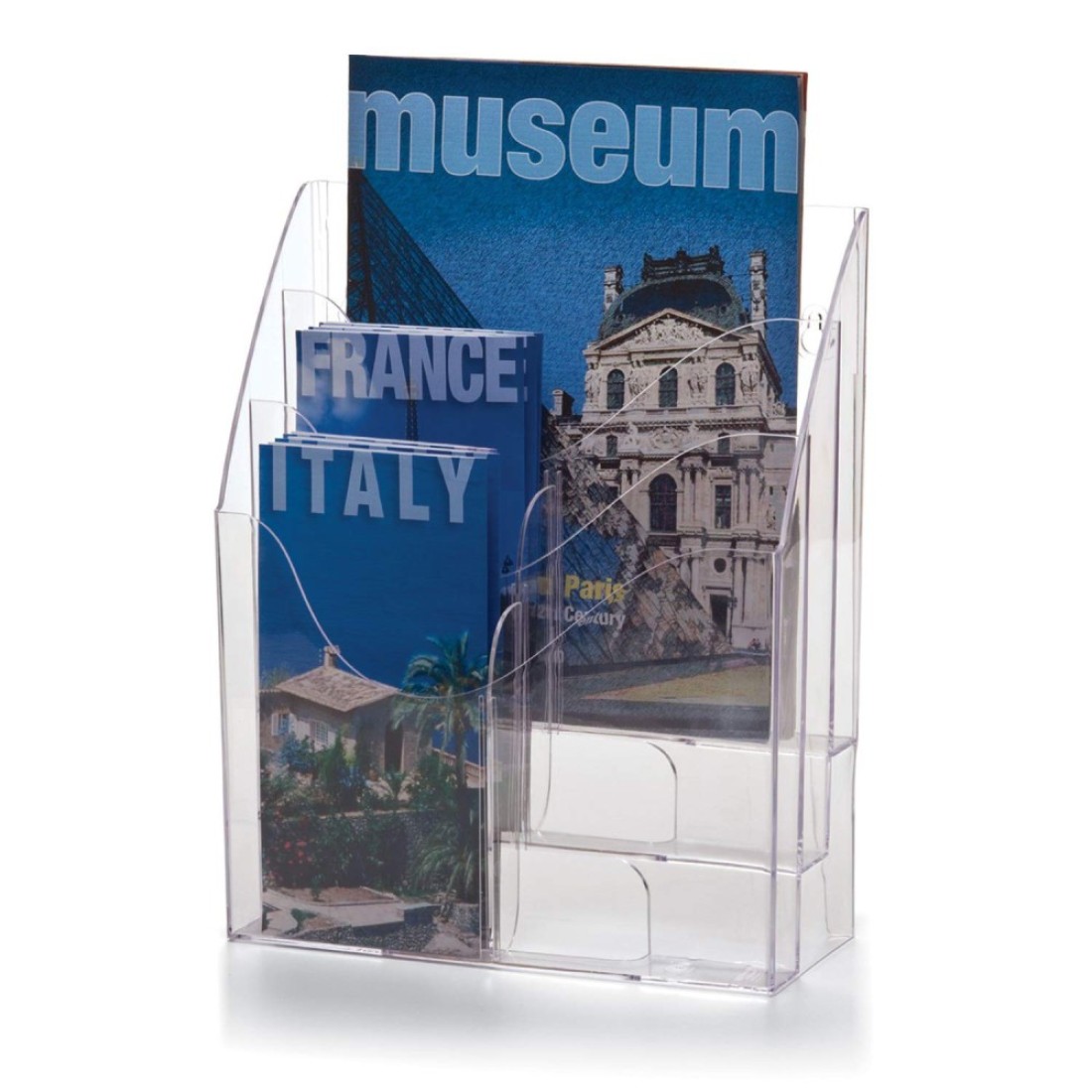 Officemate MultiUse Literature Holder 6 Pockets for 4125 Inch Wide Leaflets or 3 Pockets for Letter Size Sheets or Folders Clear 22914