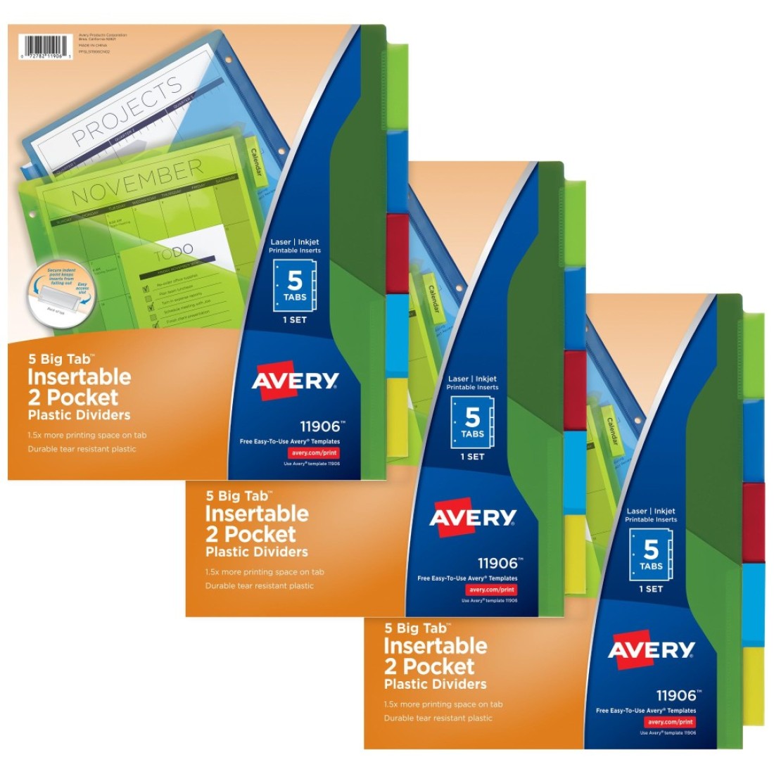 Avery Dividers for 3 Ring Binders 5Tab Binder Dividers TwoPocket Plastic Binder Dividers Insertable Big Tabs Multicolor 3 Sets 71906
