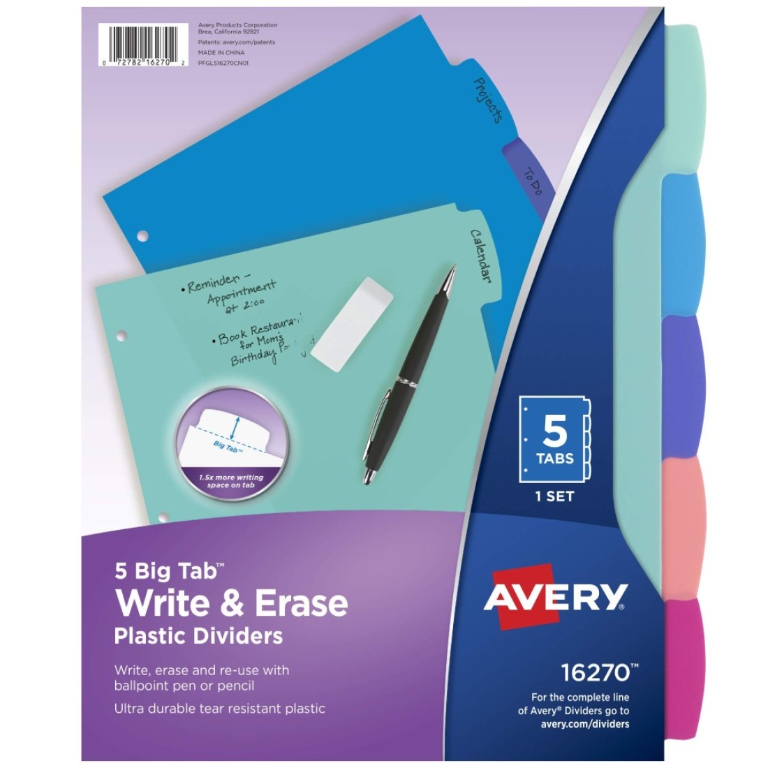 Avery Durable Plastic 5Tab Write Erase Big Tab Dividers for 3 Ring Binders Pastel Brights 16270