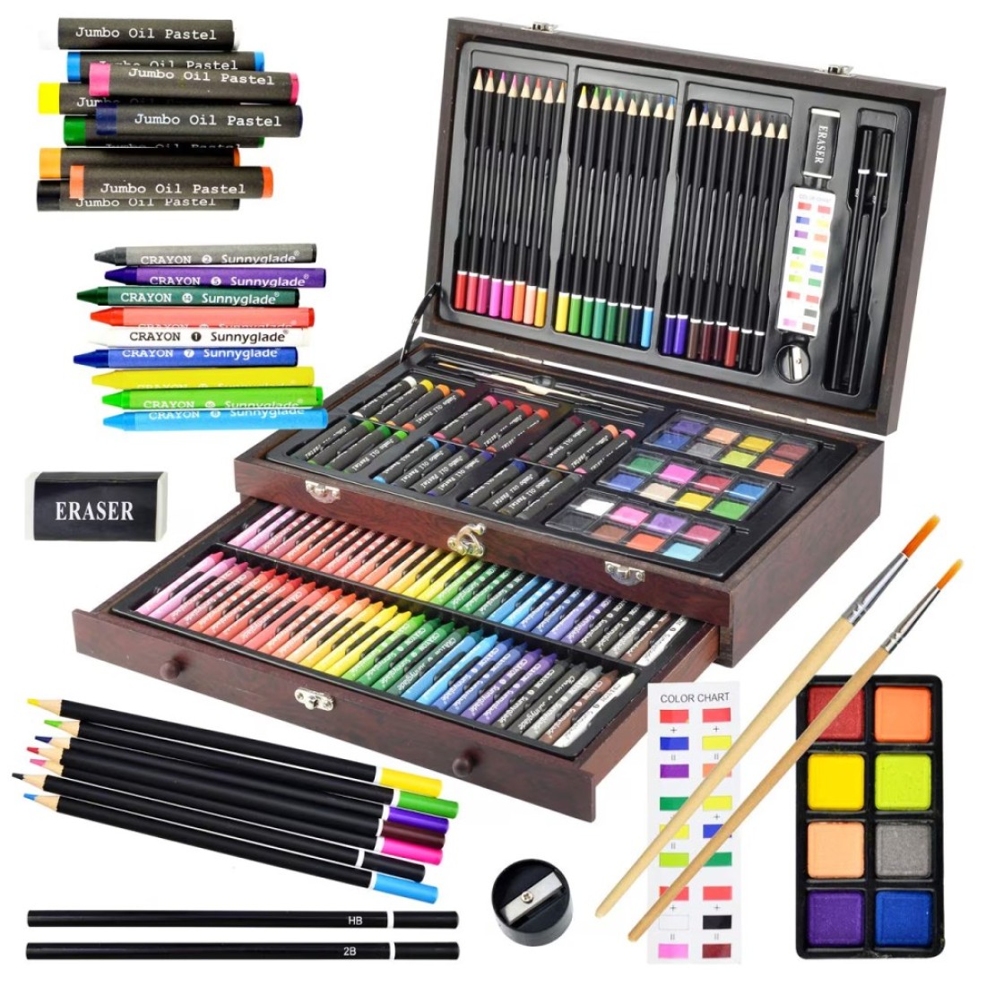 Sunnyglade 145 Piece Deluxe Art Set Wooden Box Drawing Kit with Crayons Oil Pastels Colored Pencils Watercolor Cakes Sketch Pencils Paint Brush Sharpener Eraser Color Chart Cherry
