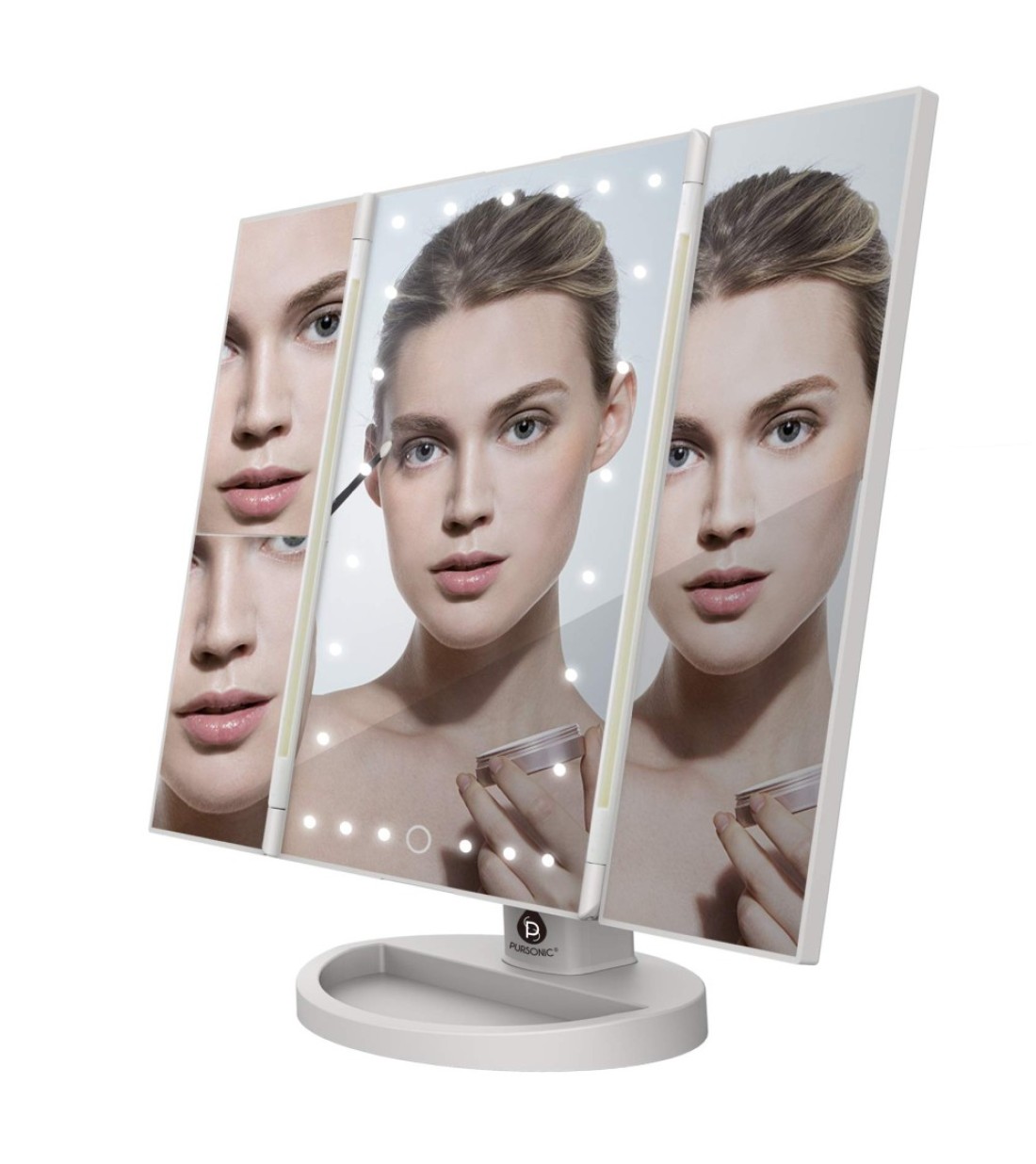 PURSONIC TM24FWH 24 LED Tri Fold Vanity Mirror 2X and 3X Magnifications 24 Dimmable Natural Lights Touch Screen Adjustable Countertop Table Mirror with Cosmetic Stand