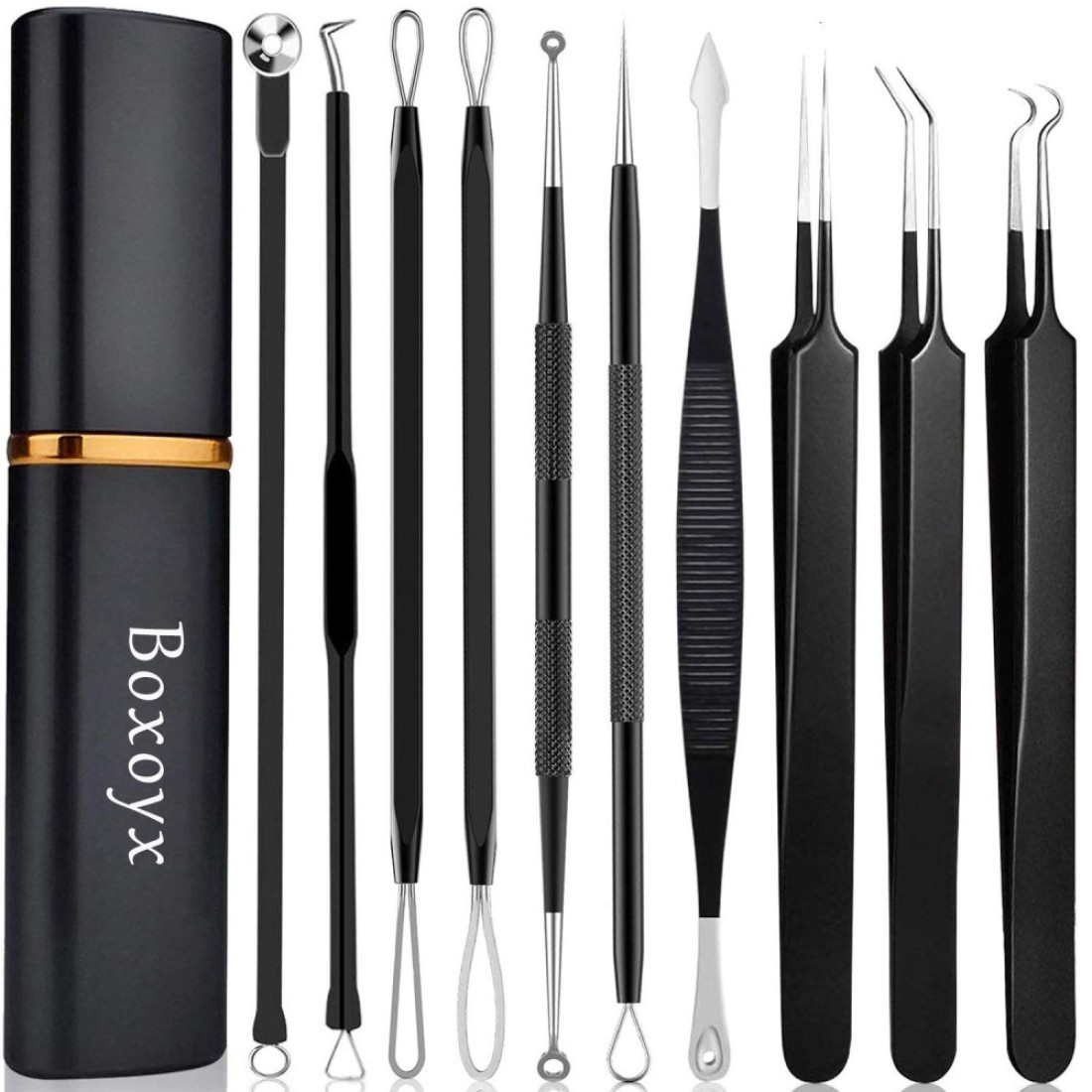 Pimple Popper Tool Kit Boxoyx 10 Pcs Blackhead Remover Comedone Extractor Kit with Box for Quick and Easy Removal of Pimples Blackheads Zit Removing ForeheadFacial and Nose Black