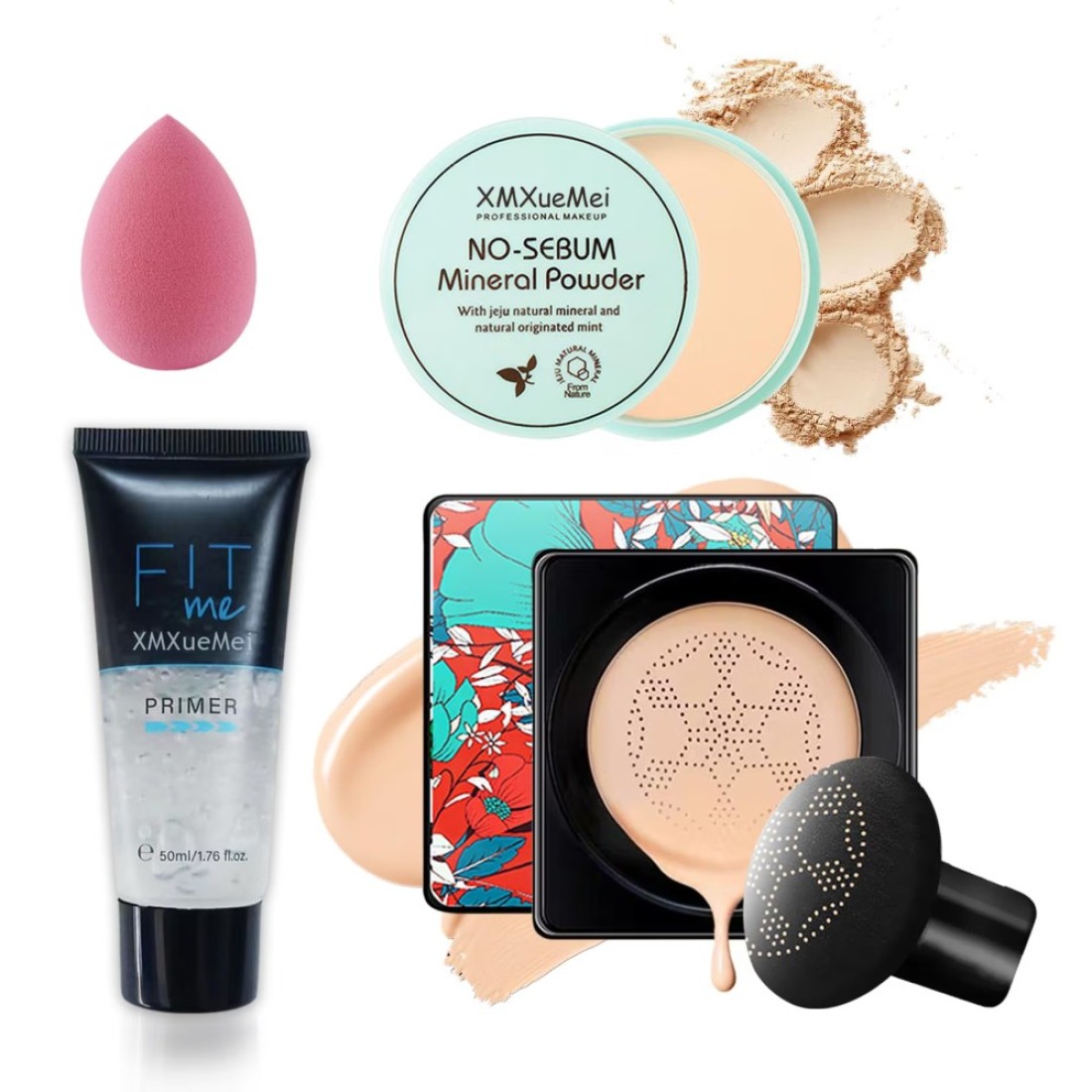 Air Cushion CC Cream Mushroom Head FoundationWaterproof Long Lasting Loose Setting PowderMoisturizing BB Cream Liquid Foundation Makeup Primer Concealer Base with Makeup Sponge4PCS