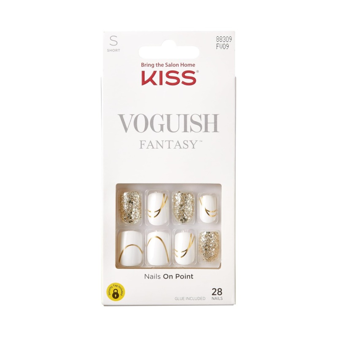 KISS Voguish Fantasy Press On Nails Nail glue included Glam and Glow White Short Size Squoval Shape Includes 28 Nails 2g glue 1 Manicure Stick 1 Mini File
