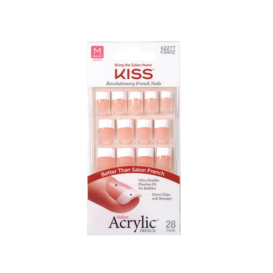 KISS Salon Acrylic Press On Nails Nail glue included Sugar Rush French Medium Size Square Shape Includes 28 Nails 2g Glue 1 Manicure Stick 1 Mini File