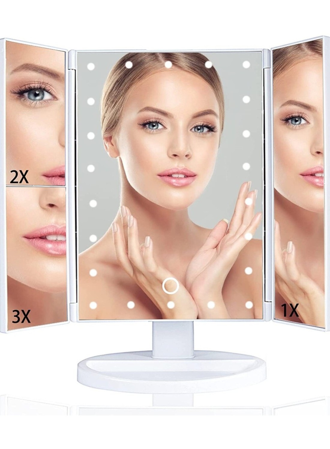 Makeup Mirror Vanity Mirror with Lights, 1x 2X 3X Magnification, Trifold Lighted Makeup Mirror, Touch Control, Dual Power Supply, Portable LED Makeup Mirror
