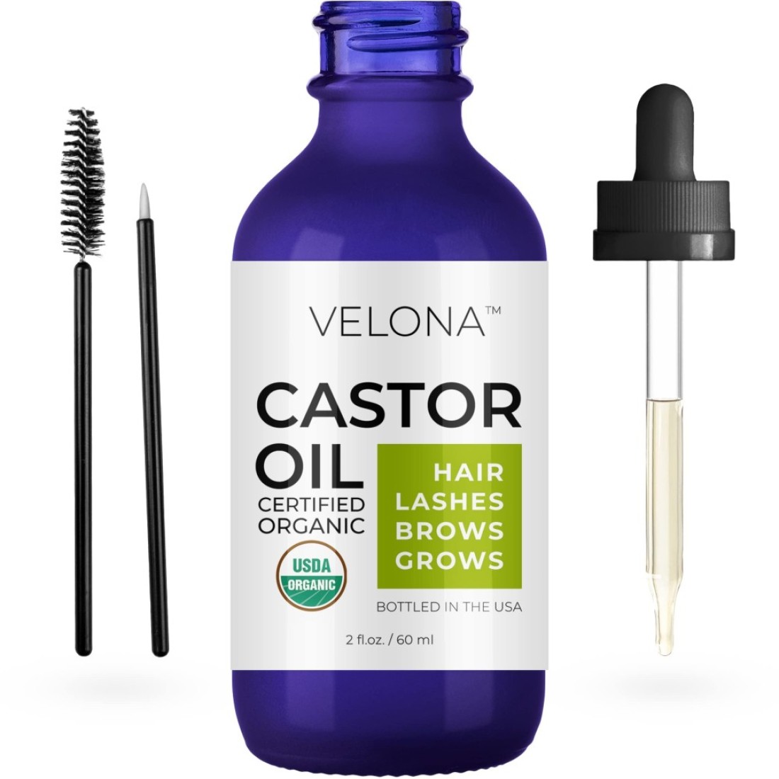 velona USDA Certified Organic Castor Oil 2 fl oz Stimulate Growth Eyelashes Eyebrows Hair Cold pressed Natural Oil USP Grade Hexane Free Lash Boost Serum Caster Starter Kit