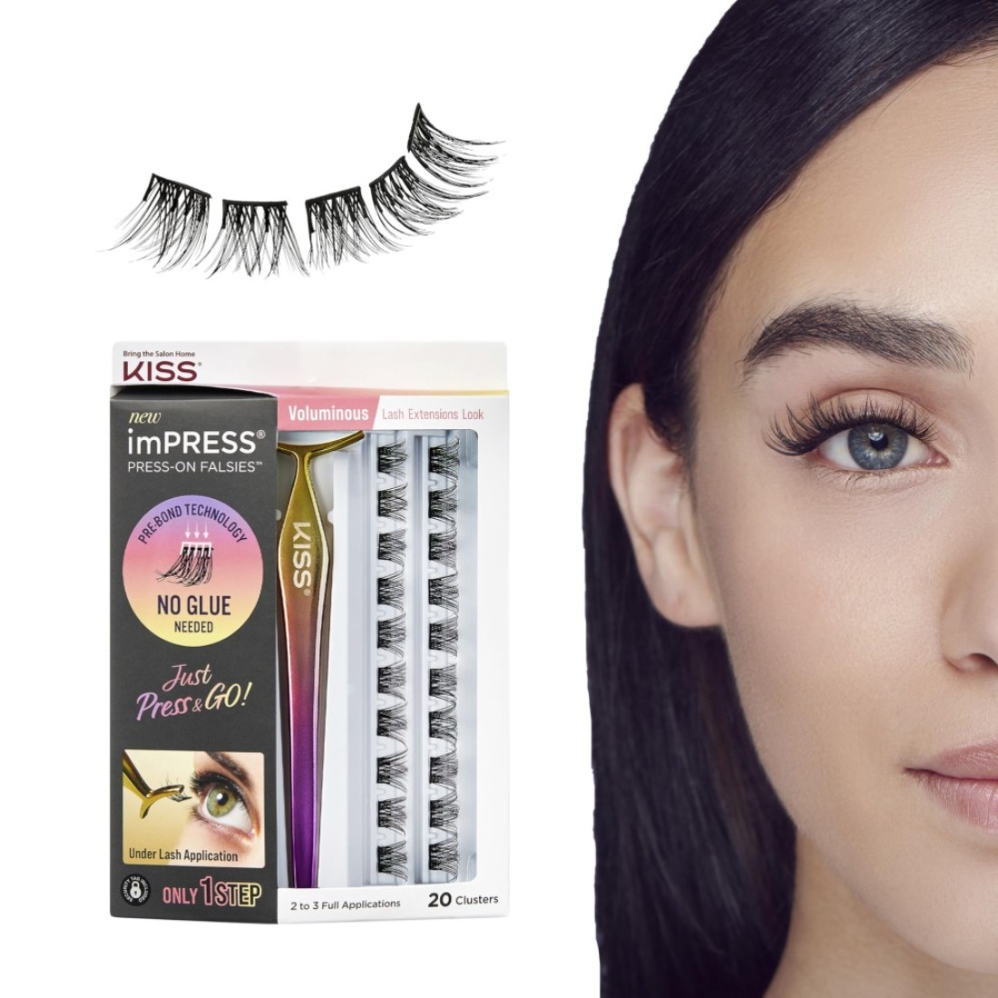 KISS imPRESS Falsies False Eyelashes Lash Clusters Voluminous 14 mm Includes 20 Clusters 1 applicator Contact Lens Friendly Easy to Apply Reusable Strip Lashes