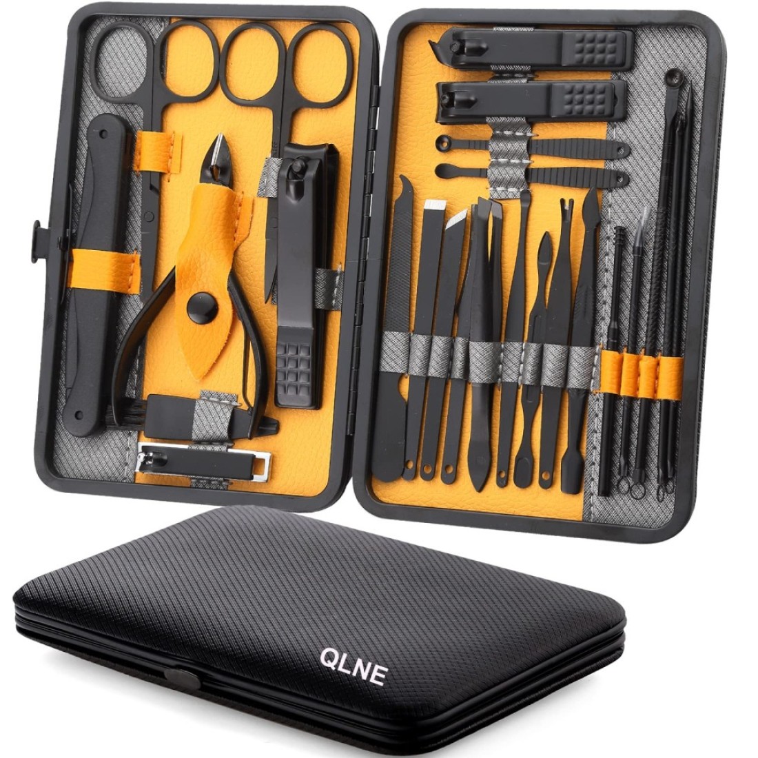 Nail Clippers Sets High Precisio Stainless Steel Nail Cutter Pedicure Kit Nail File Sharp Nail Scissors and Clipper Manicure Pedicure Kit Fingernails &amp; Toenails with Portable cas (Yellow/Gray_25 in 1)