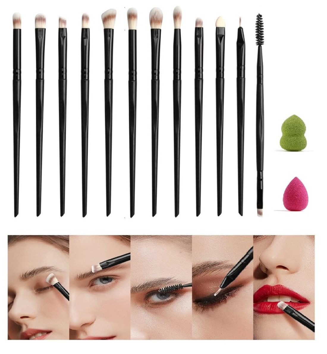 AMRMJP Black eyeshadow brush set 12 Pcs Mini Beauty Sponge 2 Pcs Synthetic Hair Eye Makeup Brushes