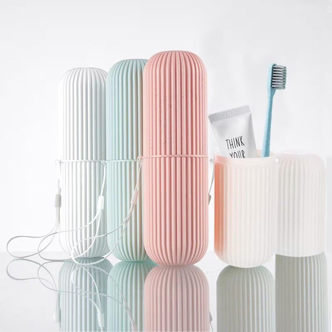 Toothbrush Travel Case Set, 2-in-1 Storage Cups with Cover, Secure Seal Containers, Portable Holder for Toothpaste and Makeup Brushes, 3 Piece Family Kit White Pink Green