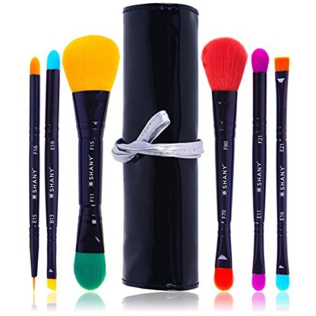 SHANYVegan Makeup Brushes LUNA 6 PC Double Sided Travel Make up Brushes with 12 unique Bristles with Brush storage Pouch Synthetic