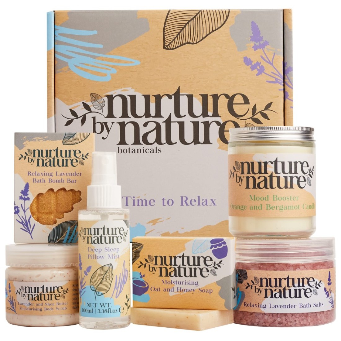 Nurture by Nature RELAX CALM Spa Kit Spa Gift Baskets For Women Complete Bath Sets for Women Gift Lavender Pillow Mist Bath Salts Soap Bath Bomb Candle Body Scrub Self Care Gift Basket