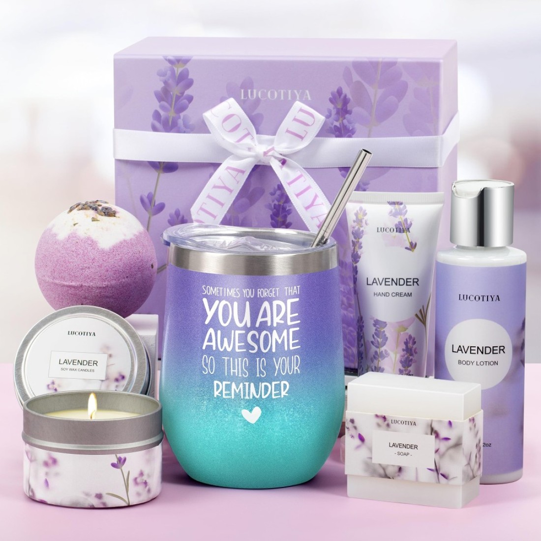 Gifts for Women Birthday Gifts for Women Spa Gifts Baskets for Women Bubble Bath and Body Gifts Set for Women Lavender Gifts for Mom Her Female Sister Mother Teacher Wine Tumbler Purple Gifts