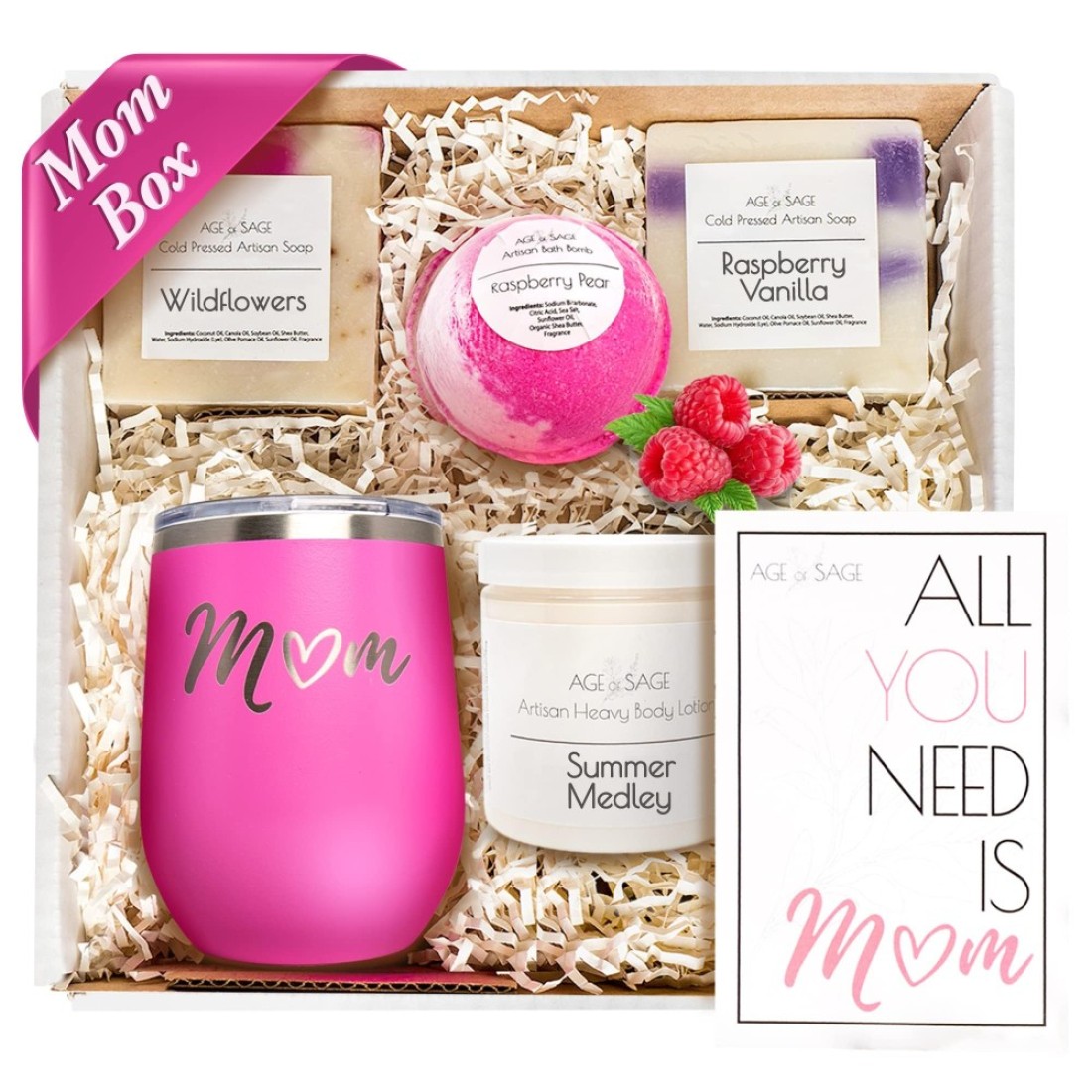 Spa Gift Box for Women Self Care Spa Gift Set Mom Spa Gift Basket Ideal Gift for Mothers Day Spa Kit with Artisan Soaps Lotion Bath Bomb Tumbler and Mom Greeting Card by Age of Sage