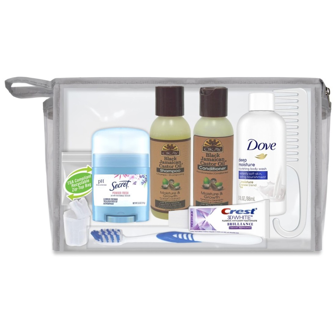 Convenience Kits InternationalWomens Deluxe 10 PC Kit Featuring OKAY Black Jamaican Castor Oil Hair Body Oral Care TravelSize Travel Essentials
