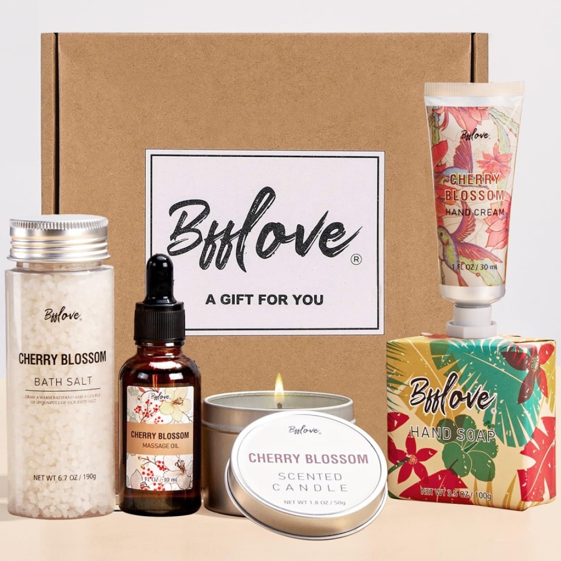 Gifts for Women BFFLOVE Gift Set for Women 5pcs Cherry Blossom Spa Set Birthday Gifts for Women with Massage Oil Scented Candle Bath Salts Hand Cream Mothers Day Gifts