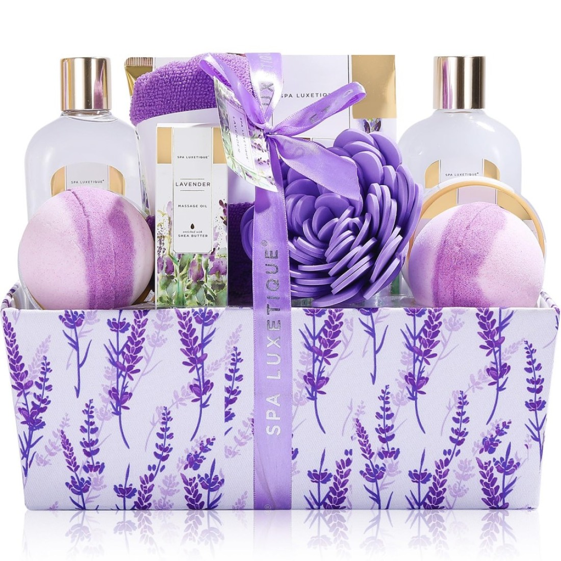 Spa Gift Basket Spa Luxetique Lavender Spa Kit for Women 12 Pcs Lavender Scented Spa Gift Set Home Spa Set with Essential Oil Bubble Bath Bath Salts Body Scrub Mothers Day Gifts for Mom