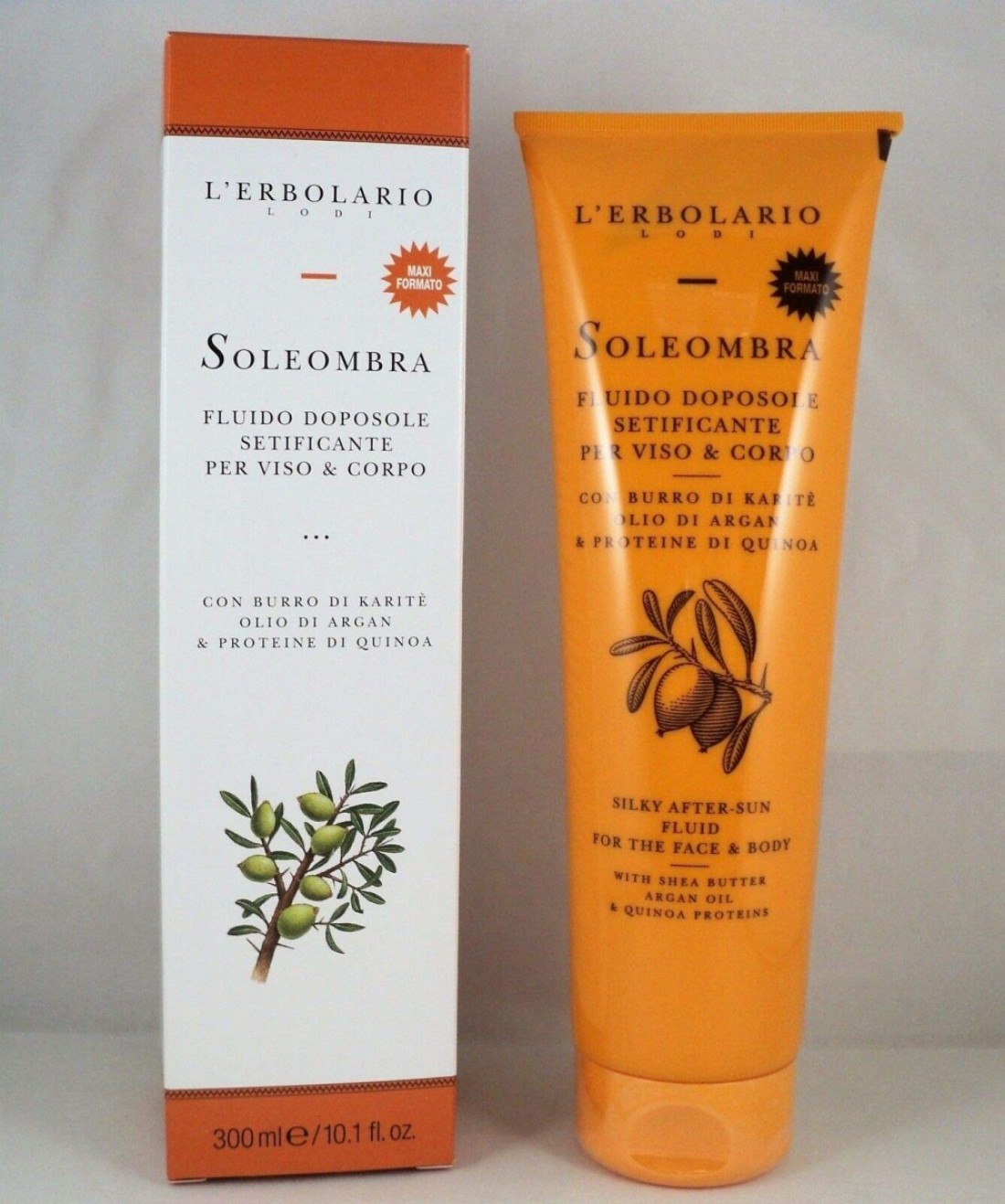 LErbolarioSoleombra Silky AfterSun Fluid After Sun Serum Hydrating Sunburn Relief Shea Butter Argan Oil and Quinoa Proteins 101 oz
