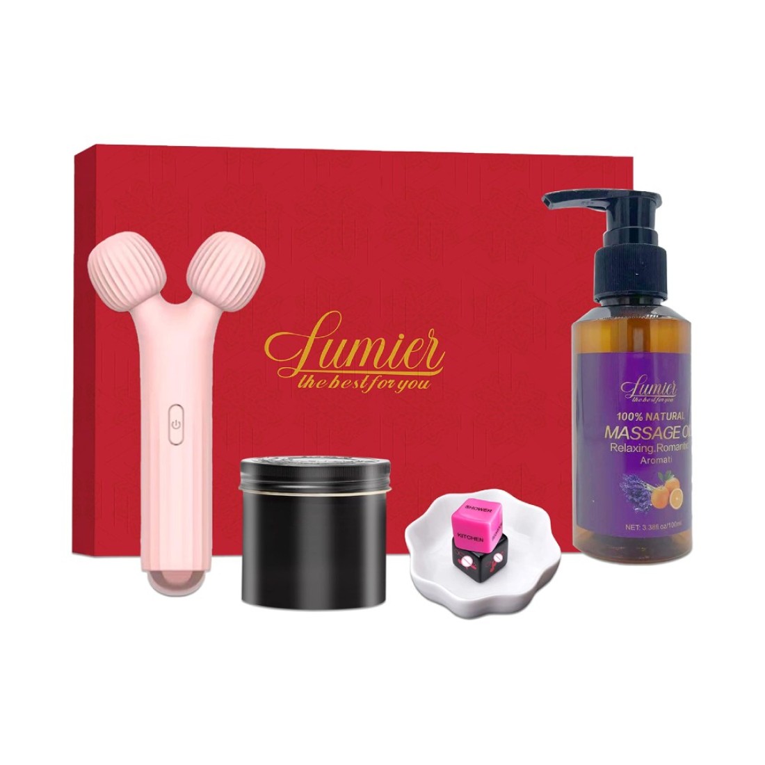 LUMIER Romantic Gift Basket - Relaxing Gift Box for Couples - Getaway Kit with Massager, Massage Oil, Candle , Dice - Pamper Yourself - Date Night - Fun Travel - Birthdays