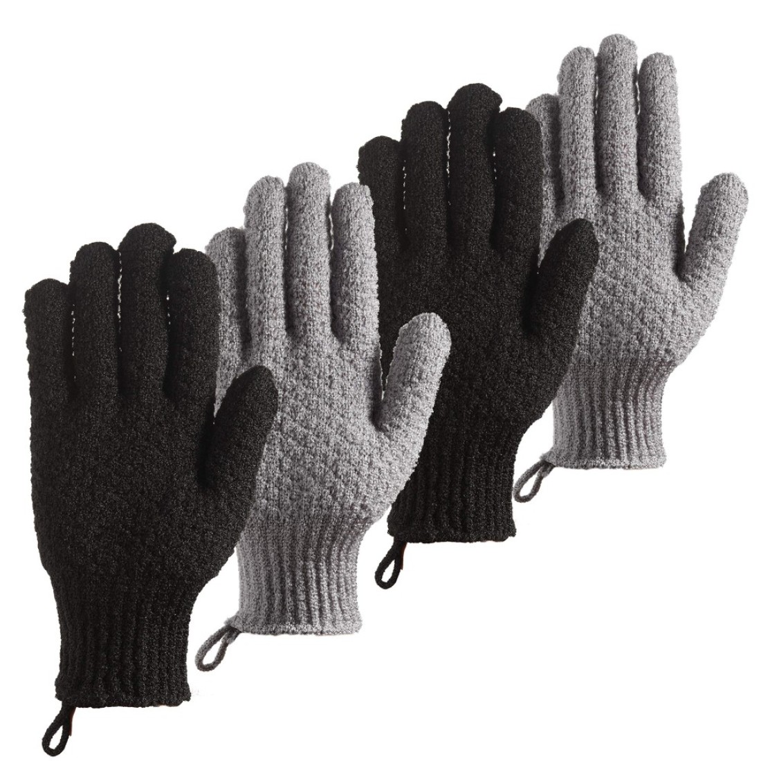 Bath Exfoliating Gloves Scrub 4 Pcs Lengthened and Large Exfoliating Scrubbing Gloves for Shower Spa Massage Scrub Exfoliating Mitts for Body Face Hand and Foot Black and Gray