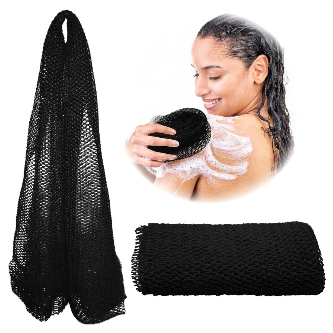 Adeton African Net Sponge Authentic Real Black Owned Exfoliating Bath Wash Cloth Long Sponge Body Exfoliator Sapo Shower Bath Accessories Back Foot Scalp Scrub Flat Dead Skin Remover Black