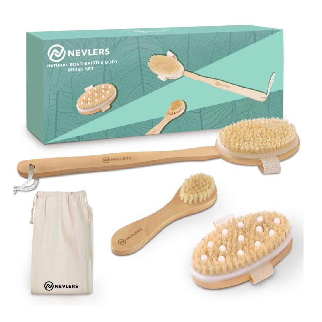 Nevlers Natural Boar Bristle Dry Body Brush Set Detachable Dry Brushing Body Brush for Skin Massage Long Wooden Handle for Exfoliating Body Scrubber Shower Brush for Body Dry Brush Face Brush