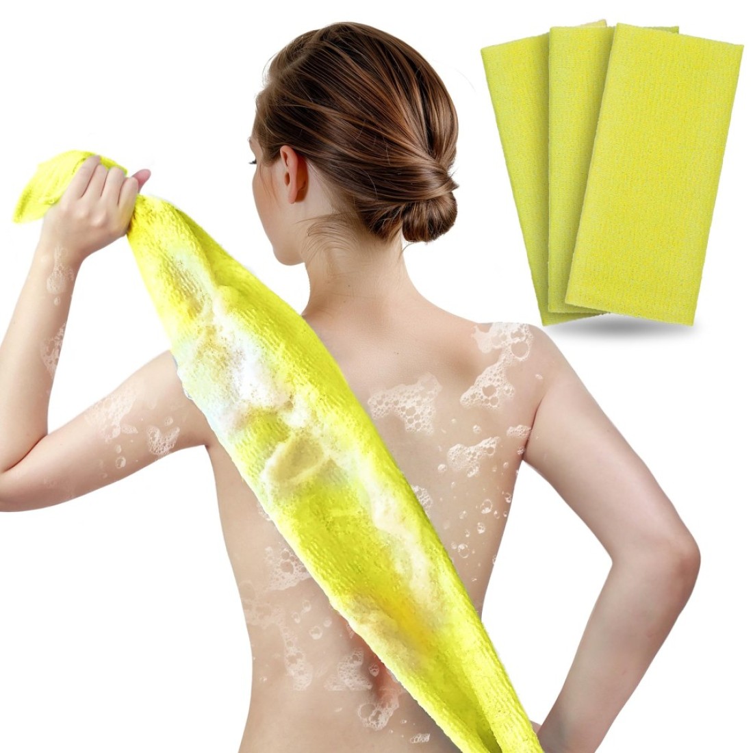 ARCH&amp;M Exfoliating Washcloth Body Scrubber Back Scrubber for Shower Japanese Beauty Washcloth Bath Wash Cloth Korean Exfoliation Luffah Towel Net Sponge Loofah Body Scrub 3 Pack (Yellow x 3)