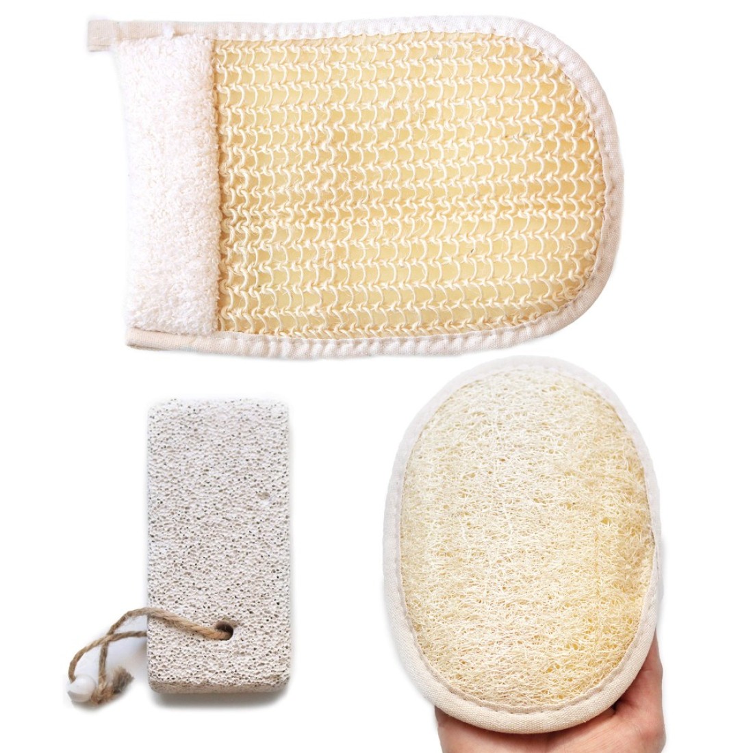 Coimoon Set of 3 Made in Europe Exfoliating Loofah Body Sponge Scrubber Natural Sisal Bristles Glove Pumice Stone Loofa Puff Sponge Scrubber Body for Men Women in Bath Spa and Shower 3