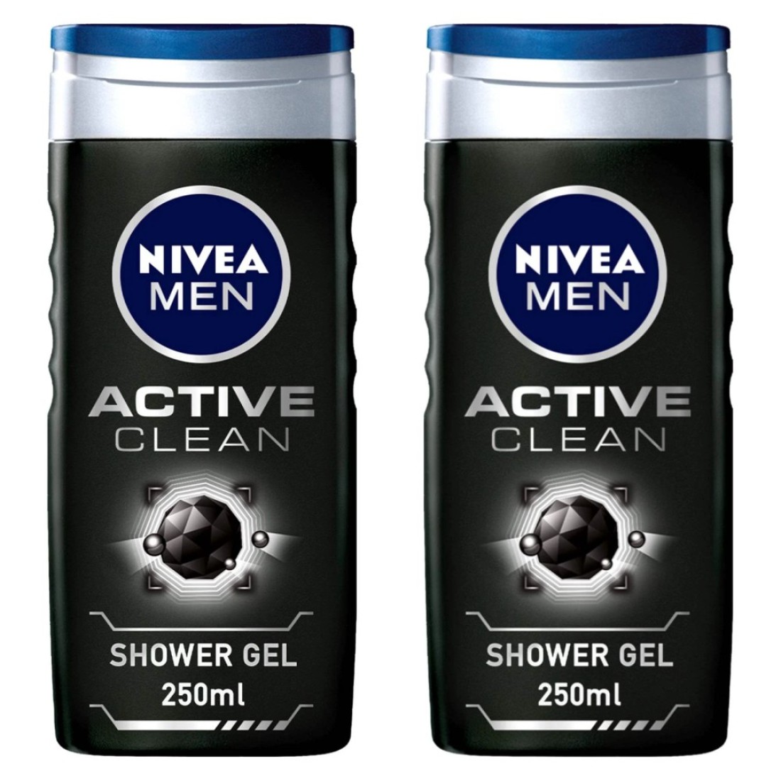 NIVEA MEN 3in1 Shower Gel Active Clean Charcoal Woody Scent 250ml Pack of 2