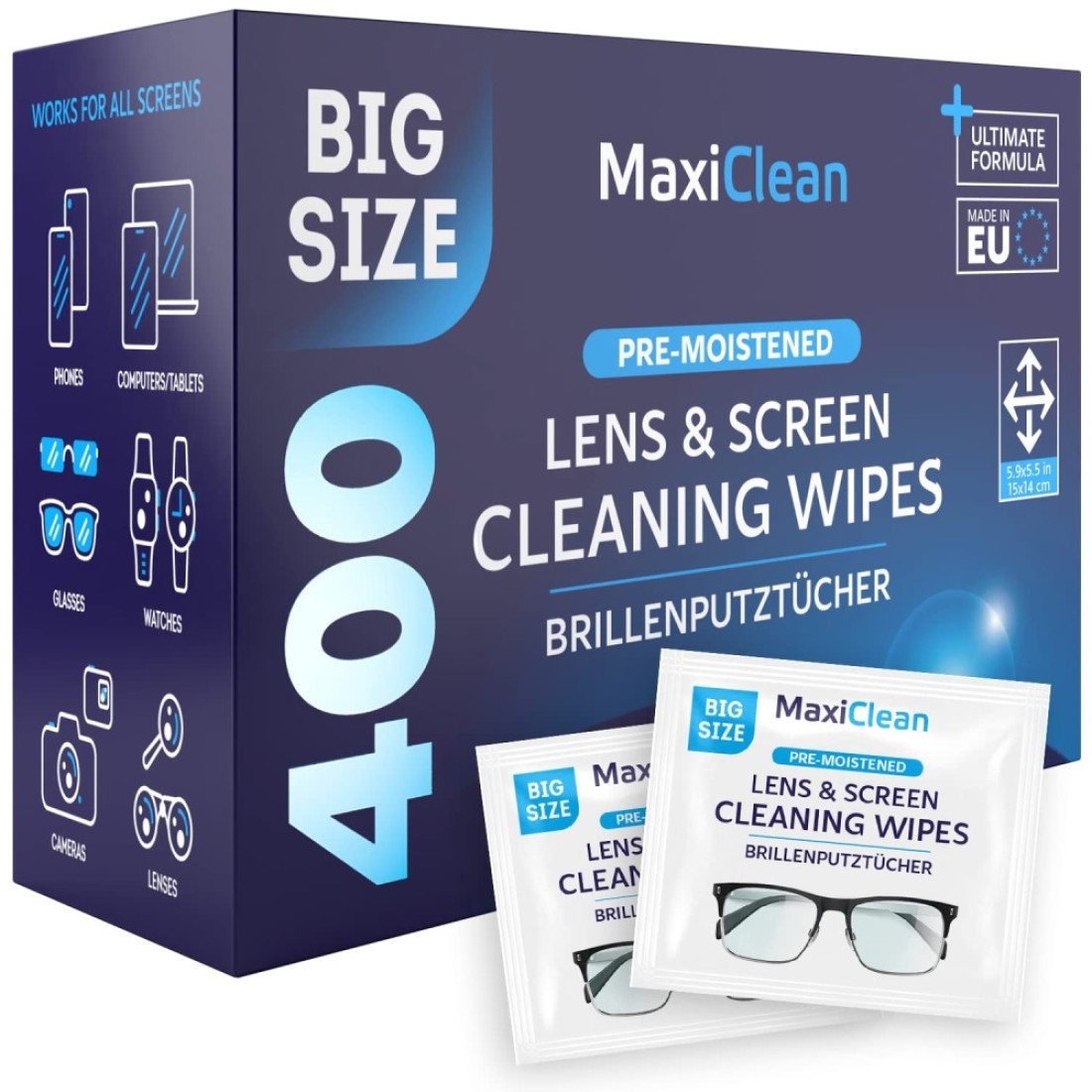 Glasses Wipes Lens Cleaner Lens Wipes for Eyeglasses 400 Premoistened Individually Wrapped Wipes for Eye Glasses Electronics Phone Computer Laptop Screen Camera Lens Cleaner Made in EU